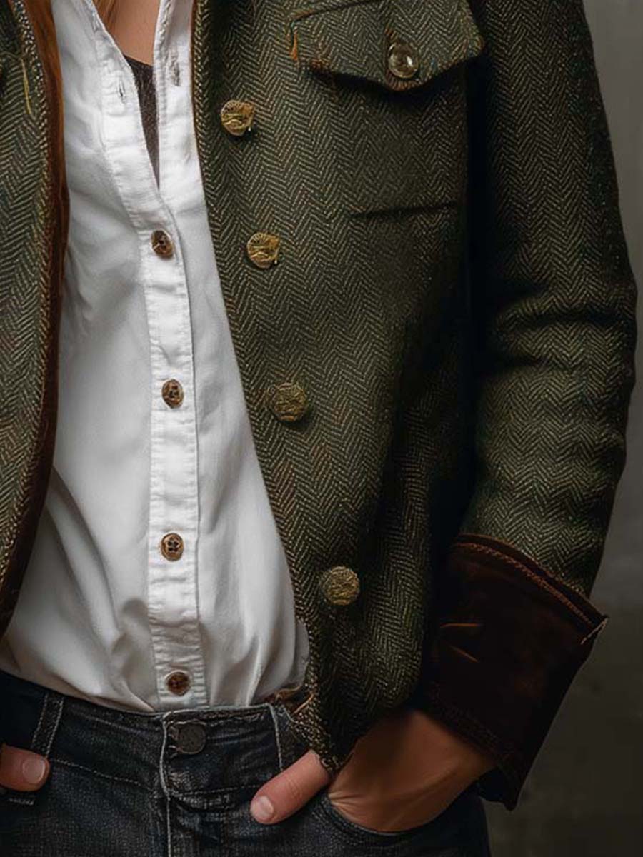 Honorina | Blazer Vintage Chevrón con Ribetes en Contraste