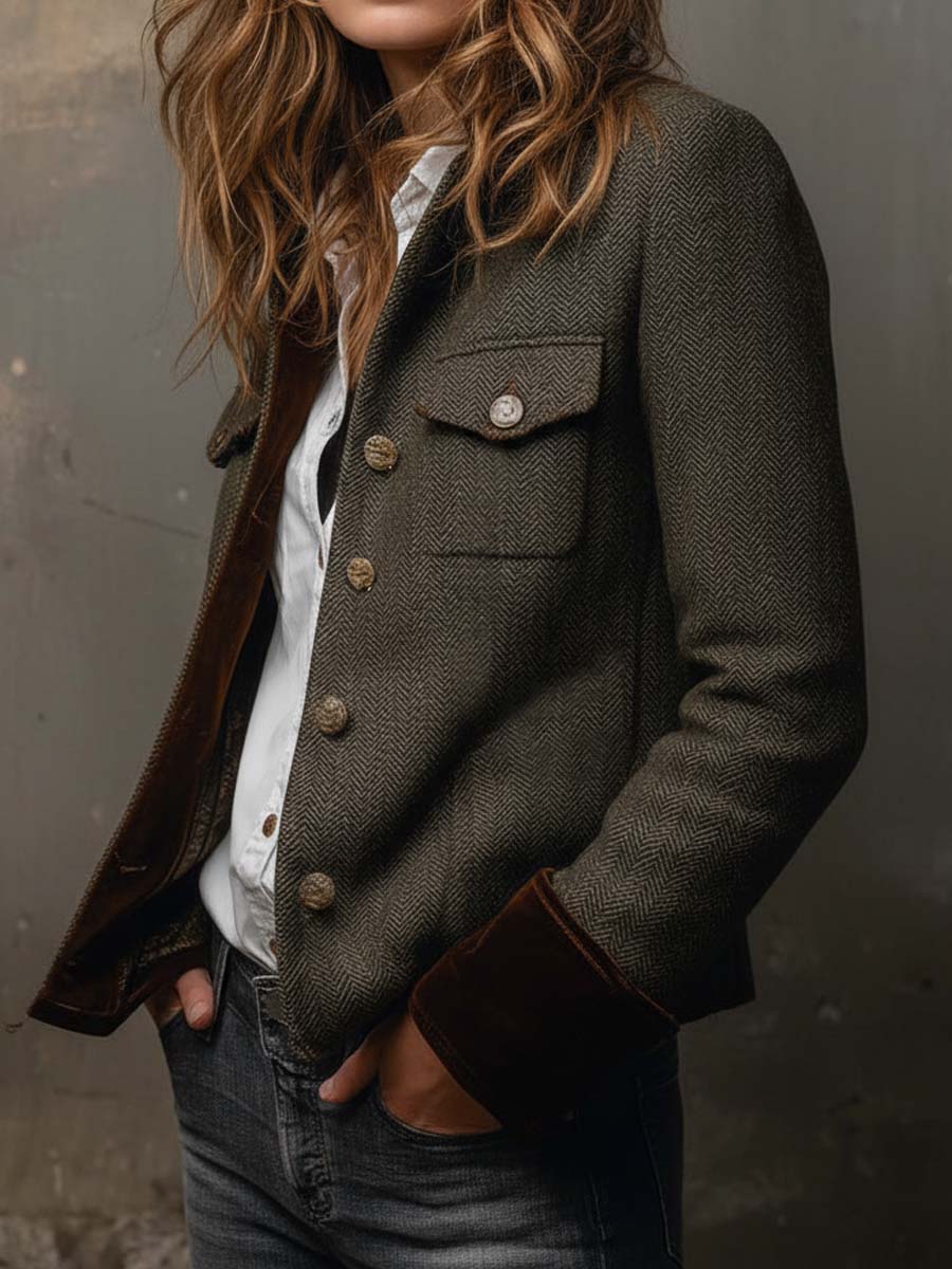 Honorina | Blazer Vintage Chevrón con Ribetes en Contraste