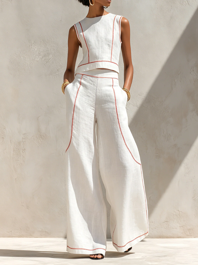 Clara | Conjunto blanco con top sin mangas y pantalones de pierna ancha