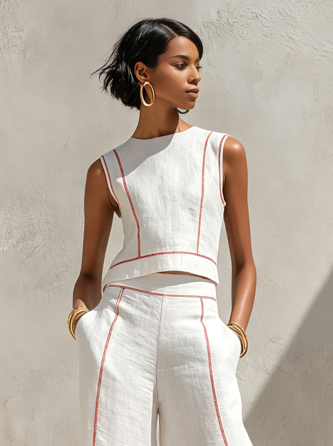 Clara | Conjunto blanco con top sin mangas y pantalones de pierna ancha