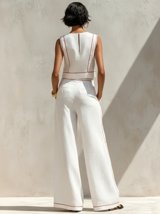 Clara | Conjunto blanco con top sin mangas y pantalones de pierna ancha