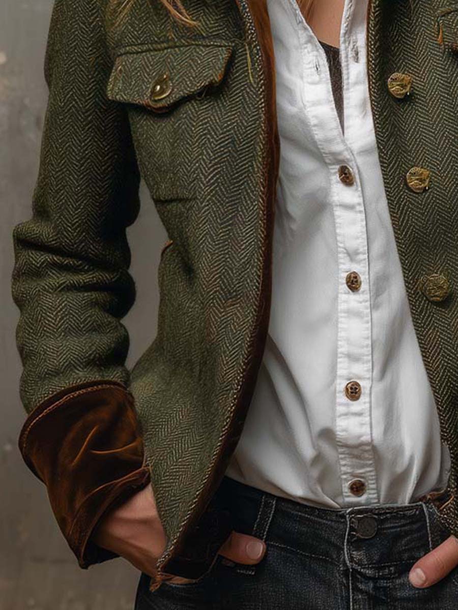 Honorina | Blazer Vintage Chevrón con Ribetes en Contraste