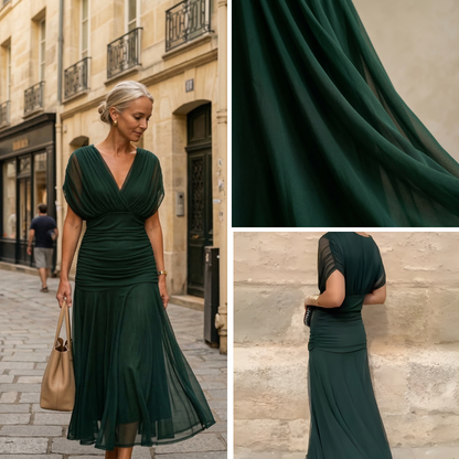 Diane | Vestido Maxi Drapeado, Escote en V y Mangas Vaporosas
