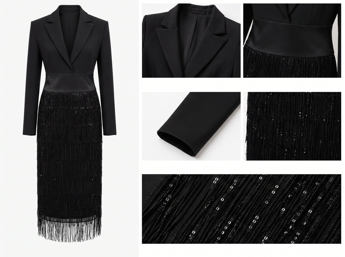 Loredana | Vestido Midi Estilo Blazer con Lentejuelas y Flecos