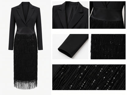 Loredana | Vestido Midi Estilo Blazer con Lentejuelas y Flecos