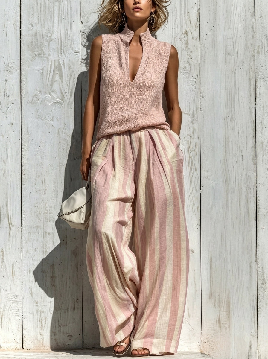 Conjunto de Top sin Mangas y Pantalón de Rayas Ancho