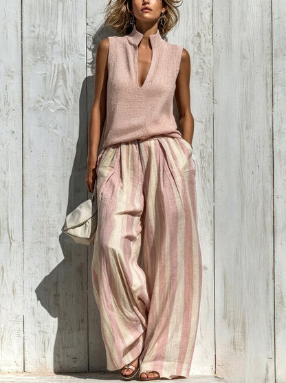Conjunto de Top sin Mangas y Pantalón de Rayas Ancho