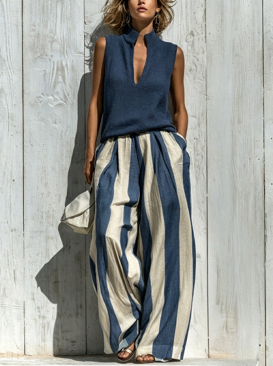 Conjunto de Top sin Mangas y Pantalón de Rayas Ancho