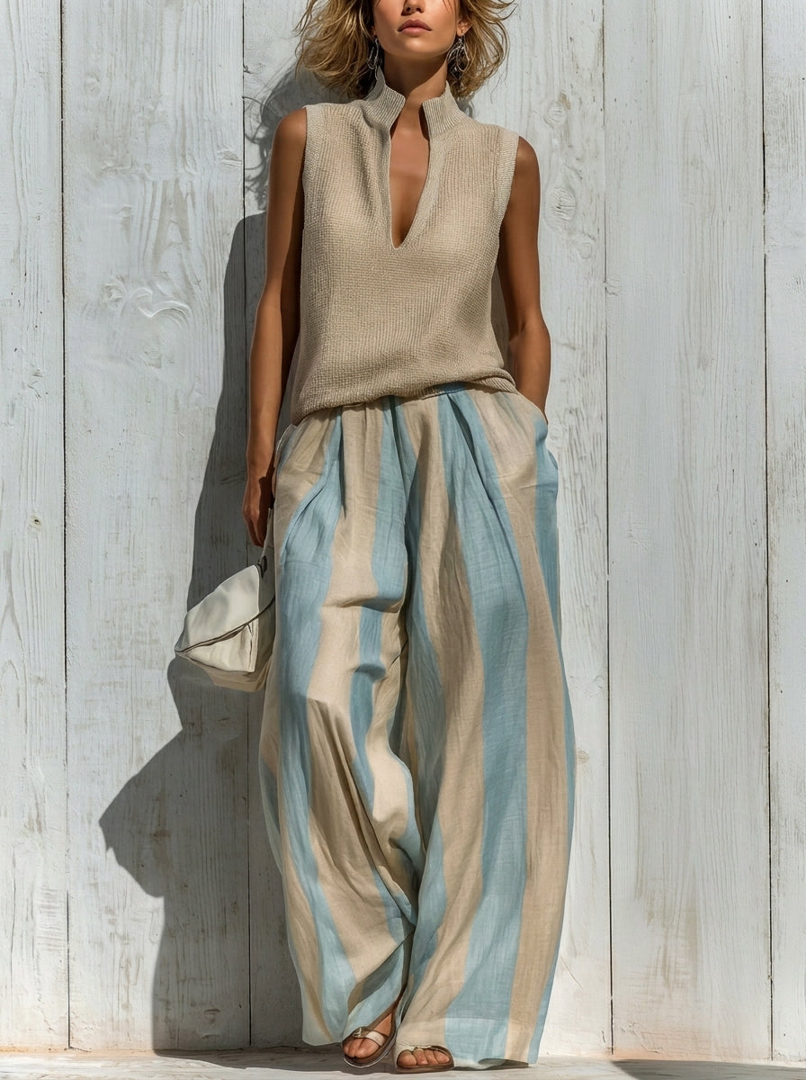 Conjunto de Top sin Mangas y Pantalón de Rayas Ancho