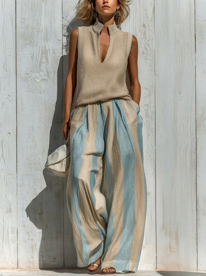 Conjunto de Top sin Mangas y Pantalón de Rayas Ancho