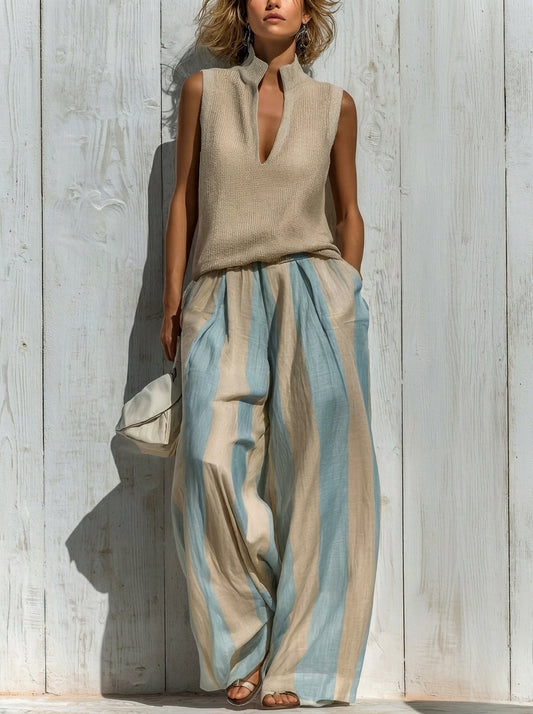 Conjunto de Top sin Mangas y Pantalón de Rayas Ancho