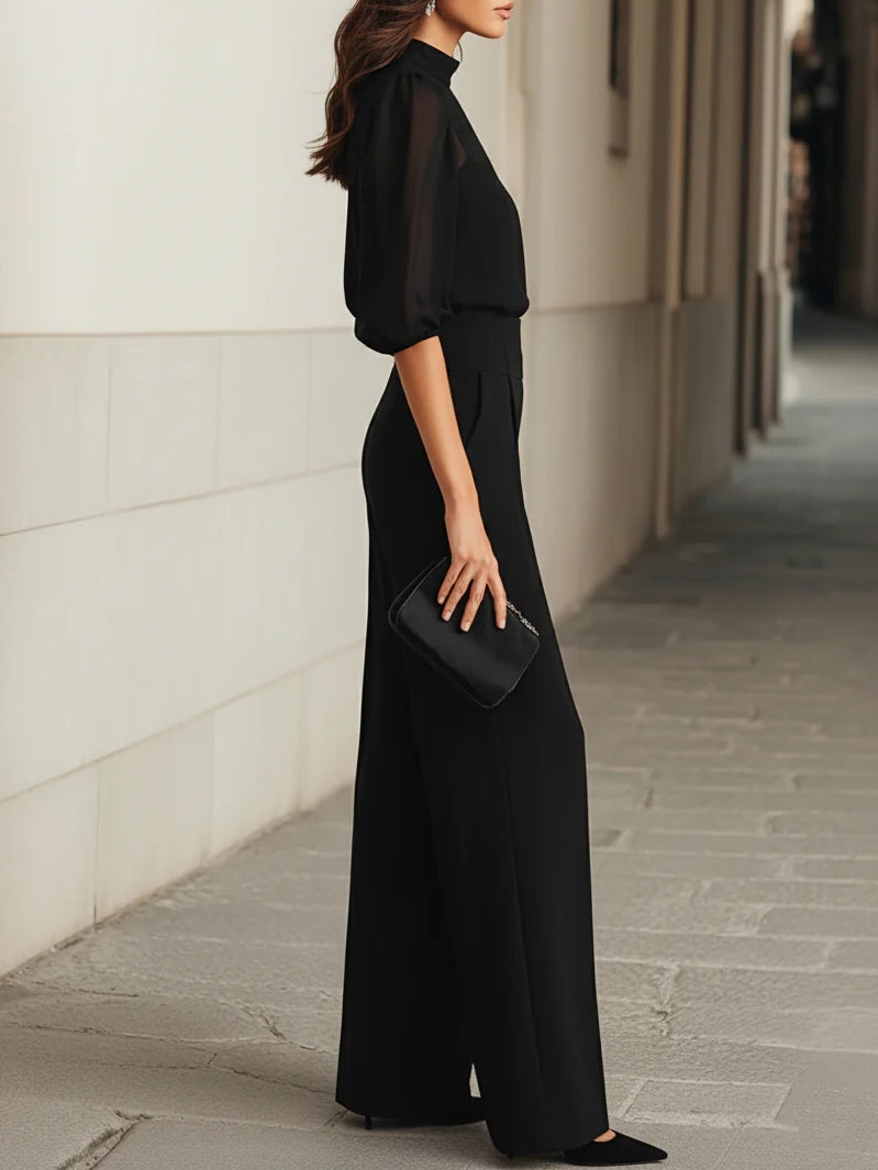 Valentina · Conjunto de Tres Piezas Negro con Top Camisola Transparente y Pantalón de Pierna Ancha
