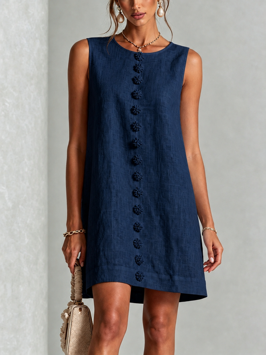 Vestido Mini sin Mangas Floral con Botones Color Azul Marino