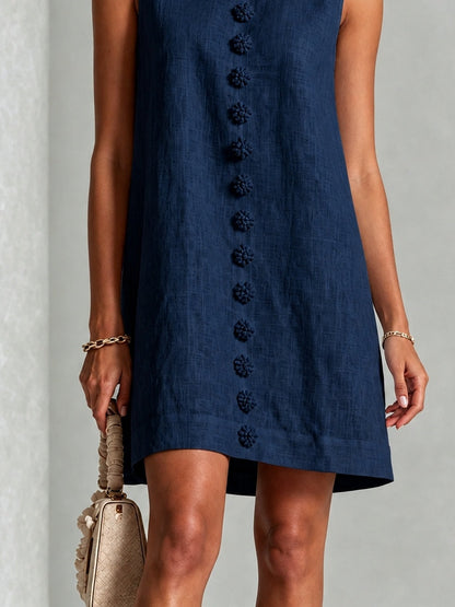 Vestido Mini sin Mangas Floral con Botones Color Azul Marino