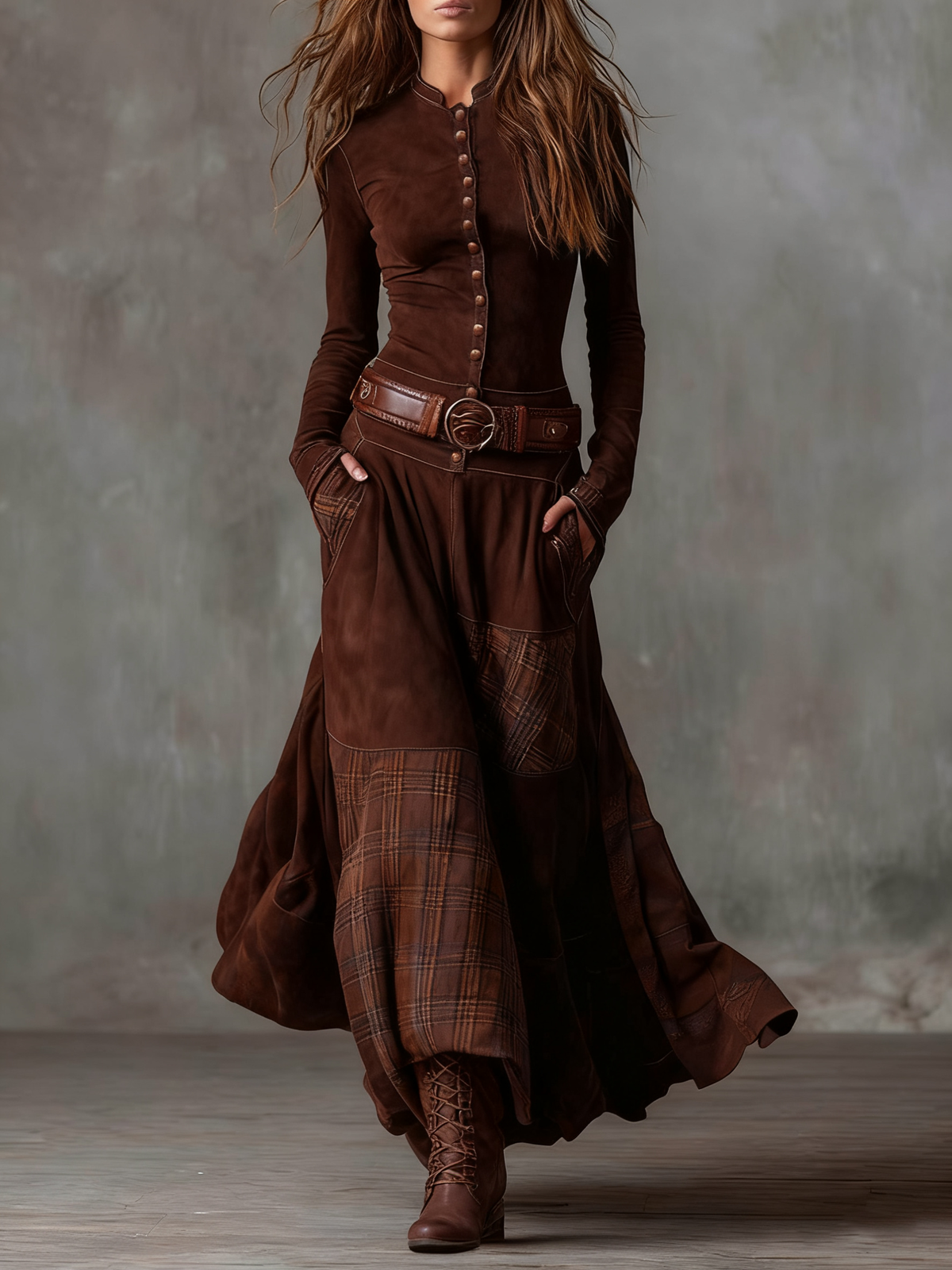 Elisa | Vestido Maxi Efecto Ante con Cinturón