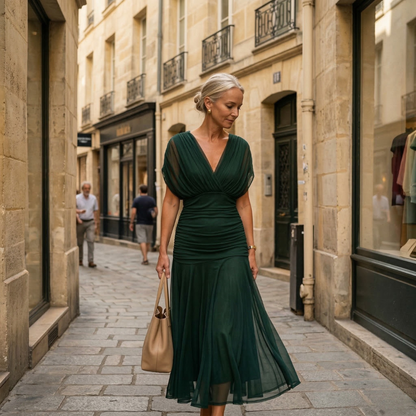 Diane | Vestido Maxi Drapeado, Escote en V y Mangas Vaporosas